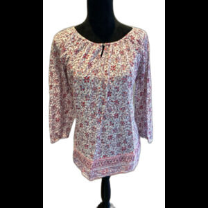 Chaps Blouse Size Large 100% Cotton Red Blue Paisley Blouse Gathered Neckline